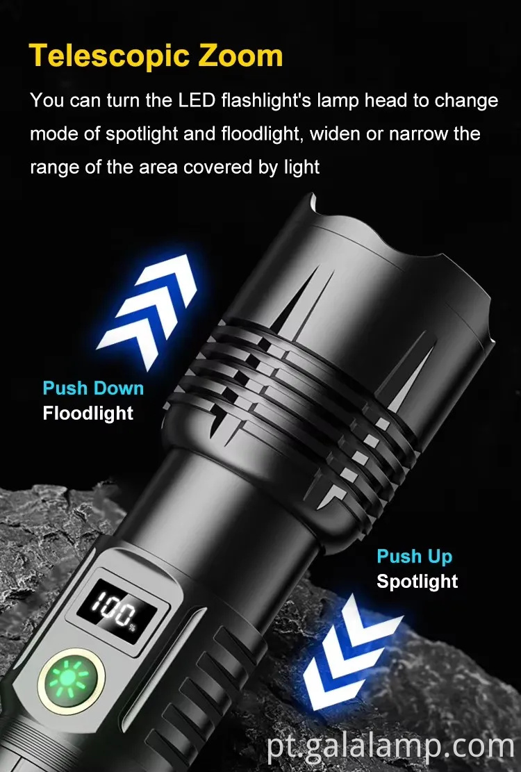 Zoom de alta potência, exibição digital forte forte, multifuncional e multi -nível ajustável lanterna